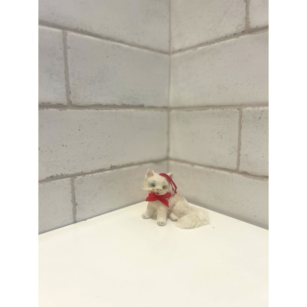 Wagner Handwork Vintage 1958 Mini White Plush Cat Pink Bow Stuffed Animal